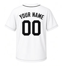 Load image into Gallery viewer, Sewing Machine Milwaukee Baseball Jersey in Thread Spool White, back view with your name and number – custom block name and number with stitch-pattern sleeves