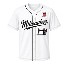 Load image into Gallery viewer, Sewing Machine Milwaukee Baseball Jersey in Thread Spool White, front view – vintage sewing machine with red thread spool graphic, custom name and number
