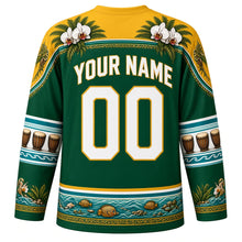 Load image into Gallery viewer, Seychelles Original Hockey Jersey in Island Green, back view with your name and number – coco de mer frond and orchid yoke with moutya-drum sleeve bands