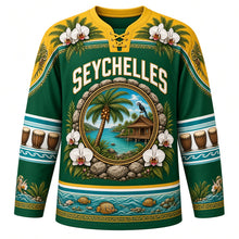 Load image into Gallery viewer, Seychelles Original Hockey Jersey in Island Green, front view – coco de mer palm and black parrot medallion under SEYCHELLES lettering, ornate orchid-frond yoke and detailed artwork, custom name and number