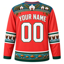 Load image into Gallery viewer, Seychelles Original Hockey Jersey in Coral Red, back view with your name and number – coco de mer frond and orchid yoke with moutya-drum sleeve bands