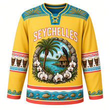 Load image into Gallery viewer, Seychelles Original Hockey Jersey in Sunshine Yellow, front view – coco de mer palm and black parrot medallion under SEYCHELLES lettering, ornate orchid-frond yoke and detailed artwork, custom name and number