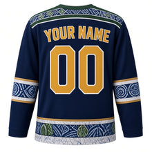 Load image into Gallery viewer, Sierra Leone Original Hockey Jersey in Atlantic Blue, back view with your name and number – country-cloth weave yoke and gara tie-dye sleeve bands