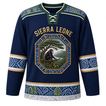 Load image into Gallery viewer, Sierra Leone Original Hockey Jersey in Atlantic Blue, front view – Cotton Tree and Lion Mountains octagon crest under SIERRA LEONE lettering, ornate country-cloth yoke and detailed artwork, custom name and number