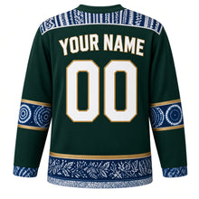 Load image into Gallery viewer, Sierra Leone Original Hockey Jersey in Rainforest Green, back view with your name and number – country-cloth weave yoke and gara tie-dye sleeve bands