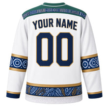 Load image into Gallery viewer, Sierra Leone Original Hockey Jersey in Freetown White, back view with your name and number – country-cloth weave yoke and gara tie-dye sleeve bands