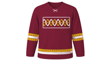 Load image into Gallery viewer, Simchat Torah Original Hockey Jersey in Burgundy, front view with twisting ribbon and circle-link chest band – custom name and number