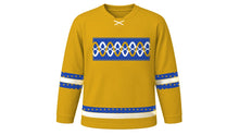Load image into Gallery viewer, Simchat Torah Original Hockey Jersey in Gold, front view with twisting ribbon and circle-link chest band – custom name and number