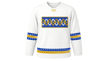Load image into Gallery viewer, Simchat Torah Original Hockey Jersey in White, front view with twisting ribbon and circle-link chest band – custom name and number