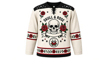 Load image into Gallery viewer, Skulls and Roses Original Hockey Jersey in Bone White, front view – tattoo-flash skull framed by red roses with skull-and-rose crest, custom name and number