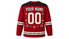Load image into Gallery viewer, Skulls and Roses Original Hockey Jersey in Crimson Rose, back view with your name and number – star-dot yoke and rose-vine sleeve stripes