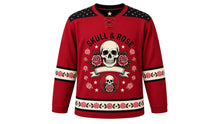 Load image into Gallery viewer, Skulls and Roses Original Hockey Jersey in Crimson Rose, front view – tattoo-flash skull framed by red roses with skull-and-rose crest, custom name and number