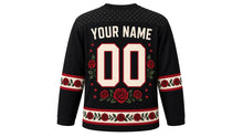 Load image into Gallery viewer, Skulls and Roses Original Hockey Jersey in Ink Black, back view with your name and number – star-dot yoke and rose-vine sleeve stripes
