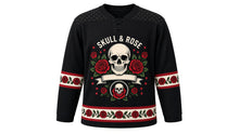 Load image into Gallery viewer, Skulls and Roses Original Hockey Jersey in Ink Black, front view – tattoo-flash skull framed by red roses with skull-and-rose crest, custom name and number