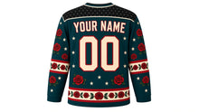 Load image into Gallery viewer, Skulls and Roses Original Hockey Jersey in Tattoo Teal, back view with your name and number – star-dot yoke and rose-vine sleeve stripes