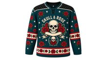 Load image into Gallery viewer, Skulls and Roses Original Hockey Jersey in Tattoo Teal, front view – tattoo-flash skull framed by red roses with skull-and-rose crest, custom name and number