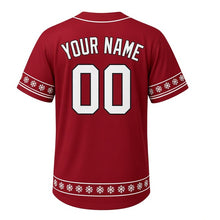 Load image into Gallery viewer, Sledding Hill Snow Milwaukee Baseball Jersey in Mitten Berry Red, back view with your name and number – snowflake-stripe sleeves