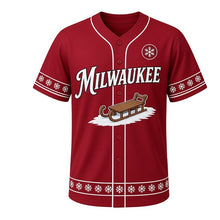 Load image into Gallery viewer, Sledding Hill Snow Milwaukee Baseball Jersey in Mitten Berry Red, front view – toboggan hill graphic and snowflake crest, custom name and number