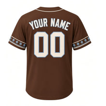 Load image into Gallery viewer, Sledding Hill Snow Milwaukee Baseball Jersey in Hot Cocoa Brown, back view with your name and number – snowflake-stripe sleeves
