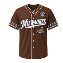 Load image into Gallery viewer, Sledding Hill Snow Milwaukee Baseball Jersey in Hot Cocoa Brown, front view – toboggan hill graphic and snowflake crest, custom name and number