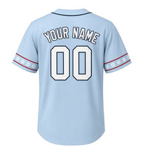 Load image into Gallery viewer, Sledding Hill Snow Milwaukee Baseball Jersey in Icicle Blue, back view with your name and number – snowflake-stripe sleeves