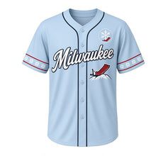 Load image into Gallery viewer, Sledding Hill Snow Milwaukee Baseball Jersey in Icicle Blue, front view – toboggan hill graphic and snowflake crest, custom name and number