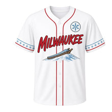 Load image into Gallery viewer, Sledding Hill Snow Milwaukee Baseball Jersey in Fresh Snow White, front view – toboggan hill graphic and snowflake crest, custom name and number
