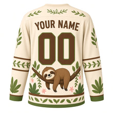 Load image into Gallery viewer, Sleepy Sloth Hammock Original Hockey Jersey in Hammock Cream, back view with your name and number – leaf-pattern yoke and vine-stripe sleeve bands
