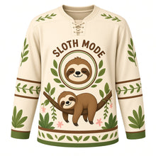 Load image into Gallery viewer, Sleepy Sloth Hammock Original Hockey Jersey in Hammock Cream, front view – smiling sloth hanging from a jungle branch with leaves and sloth crest, custom name and number