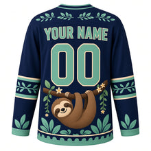 Load image into Gallery viewer, Sleepy Sloth Hammock Original Hockey Jersey in Twilight Indigo, back view with your name and number – leaf-pattern yoke and vine-stripe sleeve bands