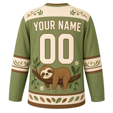 Load image into Gallery viewer, Sleepy Sloth Hammock Original Hockey Jersey in Leaf Green, back view with your name and number – leaf-pattern yoke and vine-stripe sleeve bands