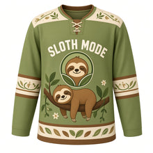 Load image into Gallery viewer, Sleepy Sloth Hammock Original Hockey Jersey in Leaf Green, front view – smiling sloth hanging from a jungle branch with leaves and sloth crest, custom name and number
