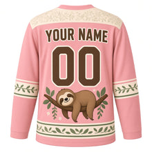 Load image into Gallery viewer, Sleepy Sloth Hammock Original Hockey Jersey in Sunset Pink, back view with your name and number – leaf-pattern yoke and vine-stripe sleeve bands