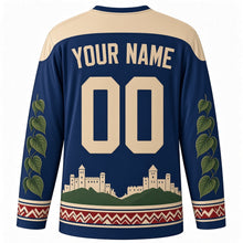 Load image into Gallery viewer, Slovak Constitution Day Original Hockey Jersey in Navy Blue, back view with custom YOUR NAME and 00