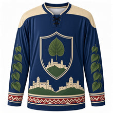 Load image into Gallery viewer, Slovak Constitution Day Original Hockey Jersey in Navy Blue, front view with themed artwork and clean crest