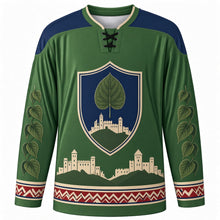 Load image into Gallery viewer, Slovak Constitution Day Original Hockey Jersey in Linden Green, front view with themed artwork and clean crest