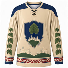 Load image into Gallery viewer, Slovak Constitution Day Original Hockey Jersey in Parchment, front view with themed artwork and clean crest