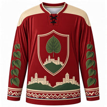 Load image into Gallery viewer, Slovak Constitution Day Original Hockey Jersey in Crimson, front view with themed artwork and clean crest