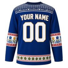 Load image into Gallery viewer, Slovakia Original Hockey Jersey in Danube Blue, back view with your name and number – Cicmany folk-ornament yoke and majolica-flower sleeve bands