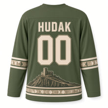 Load image into Gallery viewer, Slovakia Castle Ruins Original Hockey Jersey in Moss Green, back view with your name and number