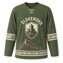 Load image into Gallery viewer, Slovakia Castle Ruins Original Hockey Jersey in Moss Green, front view – custom name and number