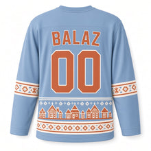 Load image into Gallery viewer, Slovakia Folk Painted Village Original Hockey Jersey in Folk Blue, back view with your name and number