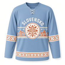 Load image into Gallery viewer, Slovakia Folk Painted Village Original Hockey Jersey in Folk Blue, front view – custom name and number