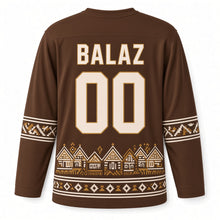 Load image into Gallery viewer, Slovakia Folk Painted Village Original Hockey Jersey in Log Brown, back view with your name and number