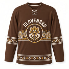 Load image into Gallery viewer, Slovakia Folk Painted Village Original Hockey Jersey in Log Brown, front view – custom name and number