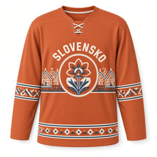 Load image into Gallery viewer, Slovakia Folk Painted Village Original Hockey Jersey in Folk Terracotta, front view – custom name and number