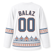 Load image into Gallery viewer, Slovakia Folk Painted Village Original Hockey Jersey in Lime White, back view with your name and number