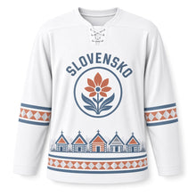 Load image into Gallery viewer, Slovakia Folk Painted Village Original Hockey Jersey in Lime White, front view – custom name and number