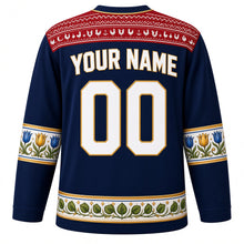 Load image into Gallery viewer, Slovakia Original Hockey Jersey in Tatra Night Navy, back view with your name and number – Cicmany folk-ornament yoke and majolica-flower sleeve bands