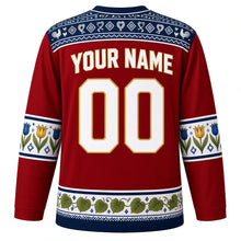 Load image into Gallery viewer, Slovakia Original Hockey Jersey in Rooster Red, back view with your name and number – Cicmany folk-ornament yoke and majolica-flower sleeve bands